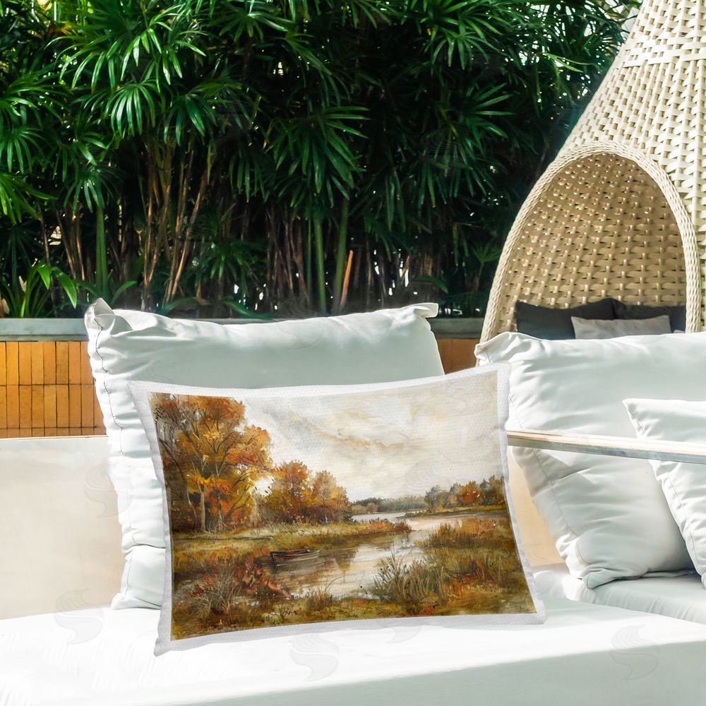 LSR Design Studio Fall Scenic River Boat Outdoor Quick-Dry Polyester Printed Throw Pillow in Back Yard