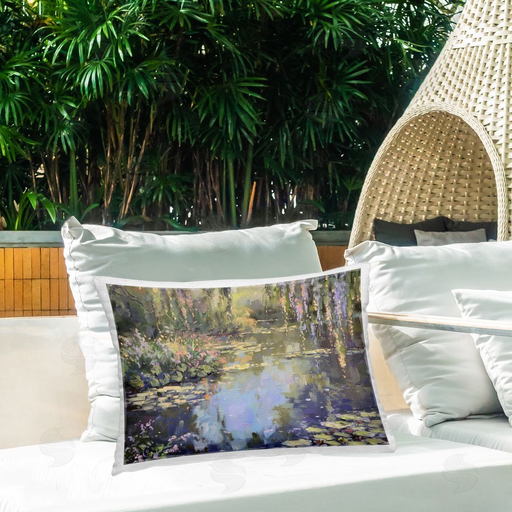 LSR Design Studio Morning on Lily Pond Outdoor Quick-Dry Polyester Printed Throw Pillow in Back Yard
