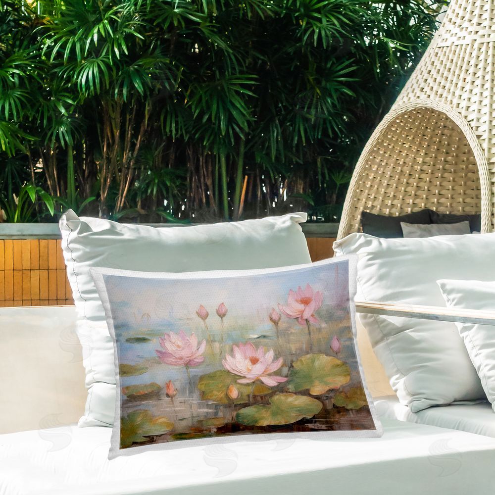 LSR Design Studio Water Lilies in Spring Outdoor Quick-Dry Polyester Printed Throw Pillow in Back Yard