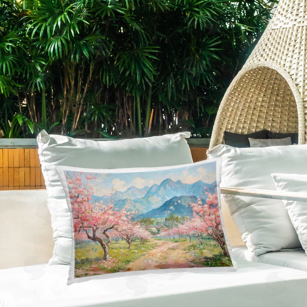 LSR Design Studio Cherry Blossom Mountains Outdoor Quick-Dry Polyester Printed Throw Pillow in Back Yard