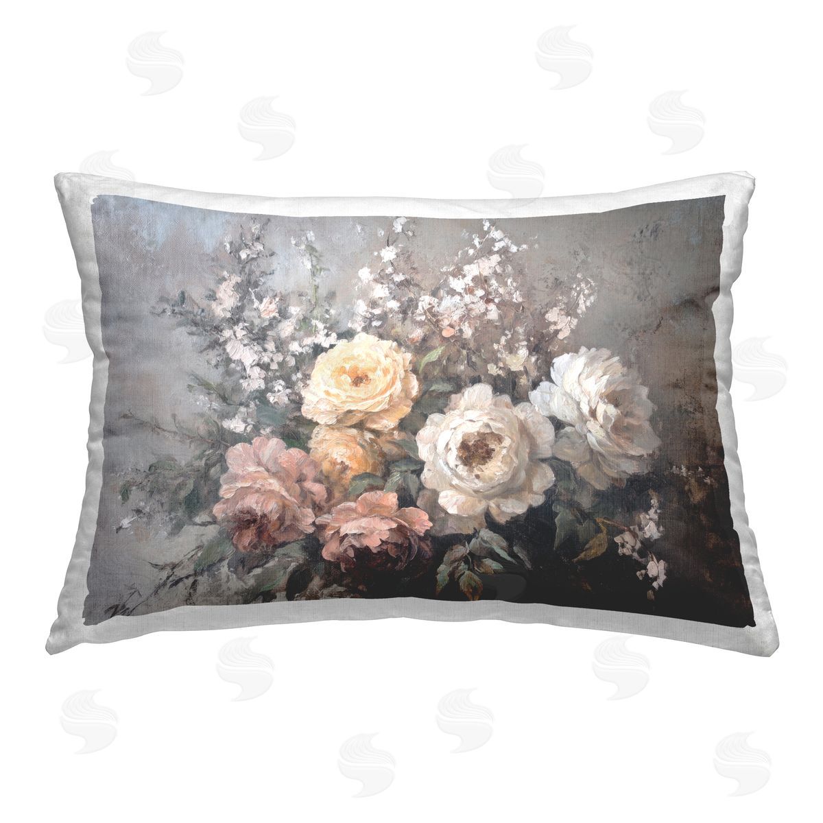 Petal Prints Design Roses & Peonies on Gray Printed Plush Polyester Throw Pillow