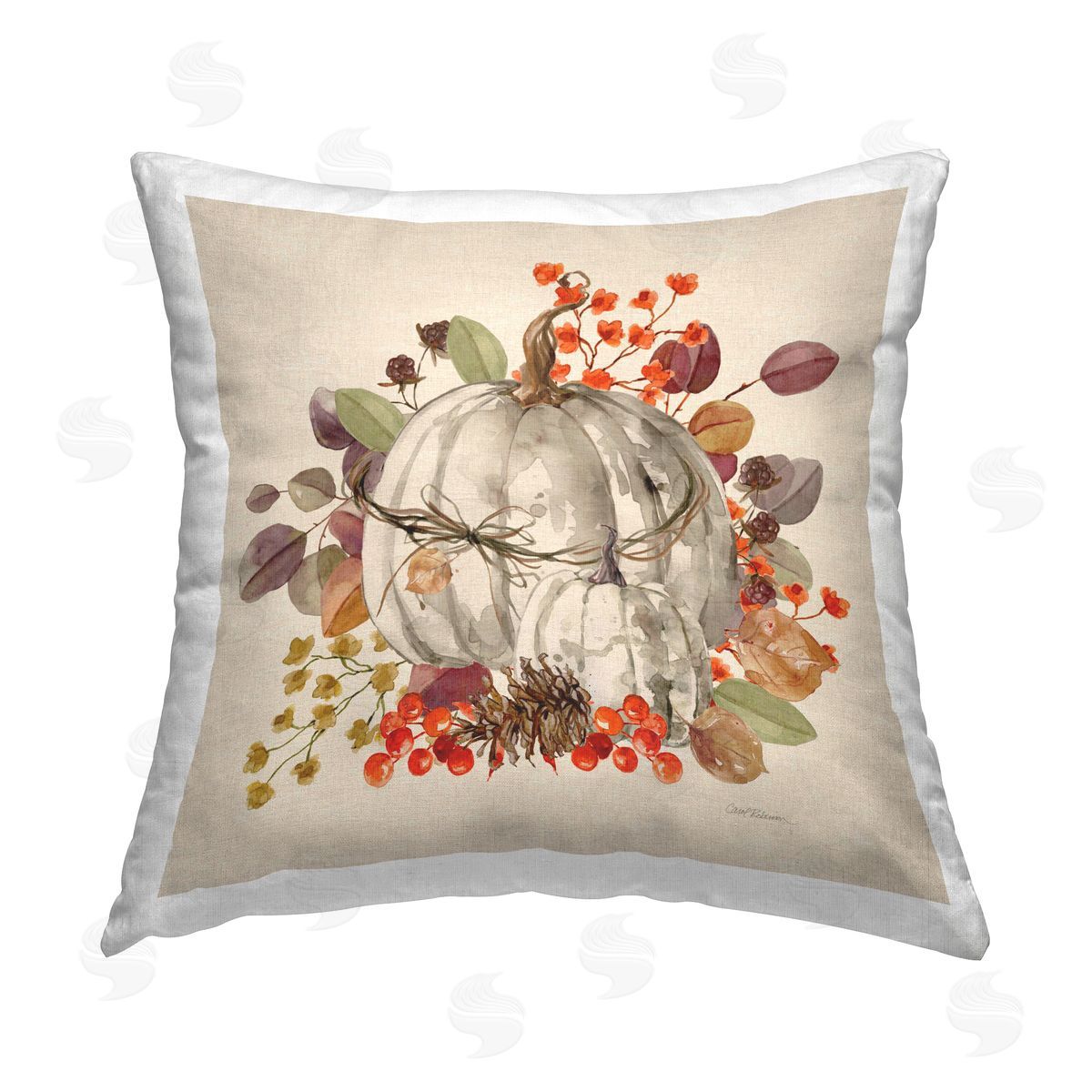 Carol Robinson Harvest Sprigs & Pumpkin Printed Plush Polyester Throw Pillow