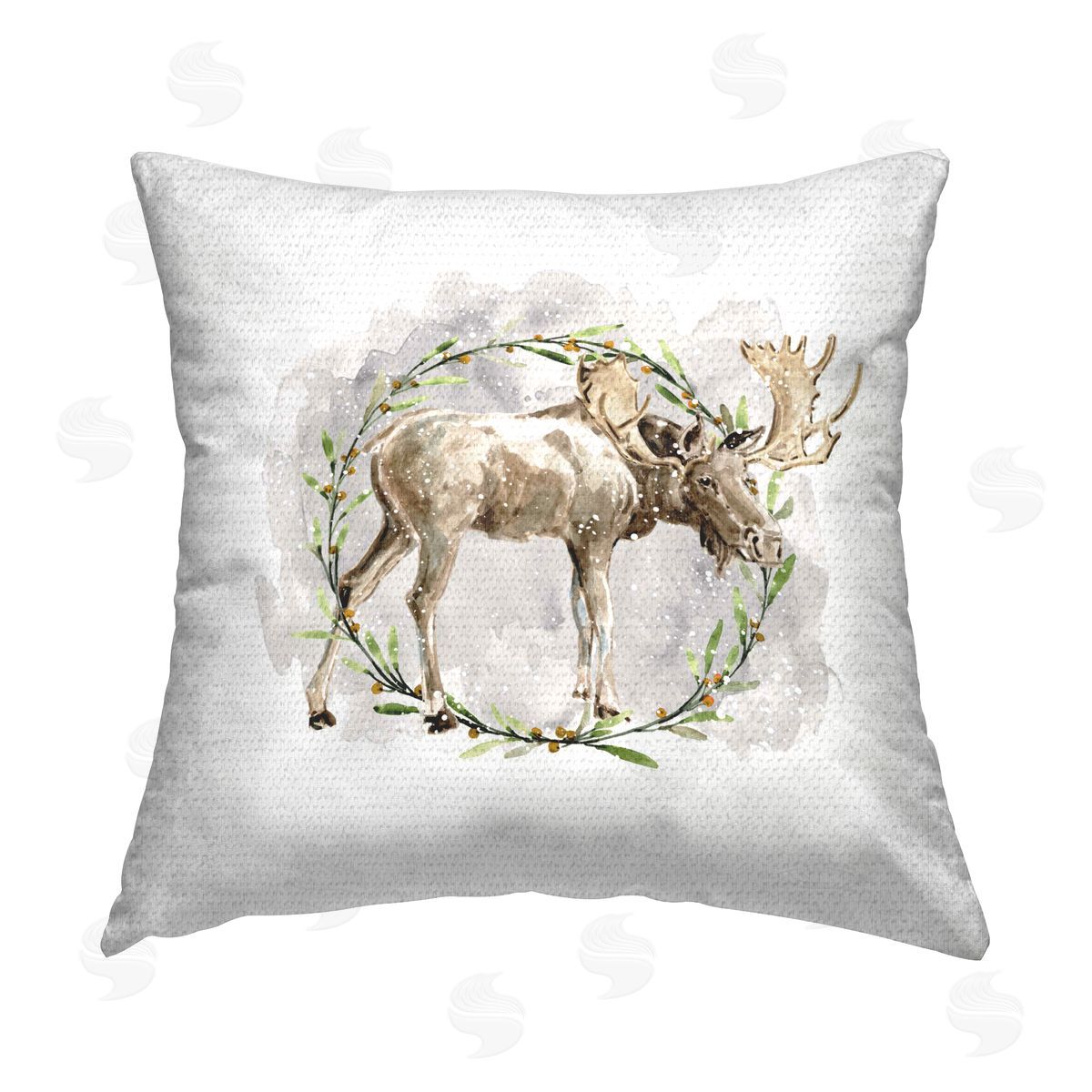 Carol Robinson Moose in Watercolor Wreath Outdoor Quick-Dry Polyester Printed Throw Pillow