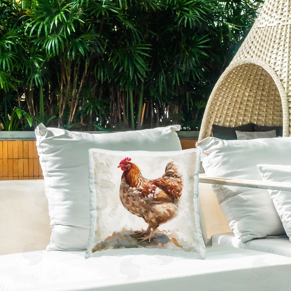 LSR Design Studio Neutral Chicken on Beige Outdoor Quick-Dry Polyester Printed Throw Pillow in Back Yard