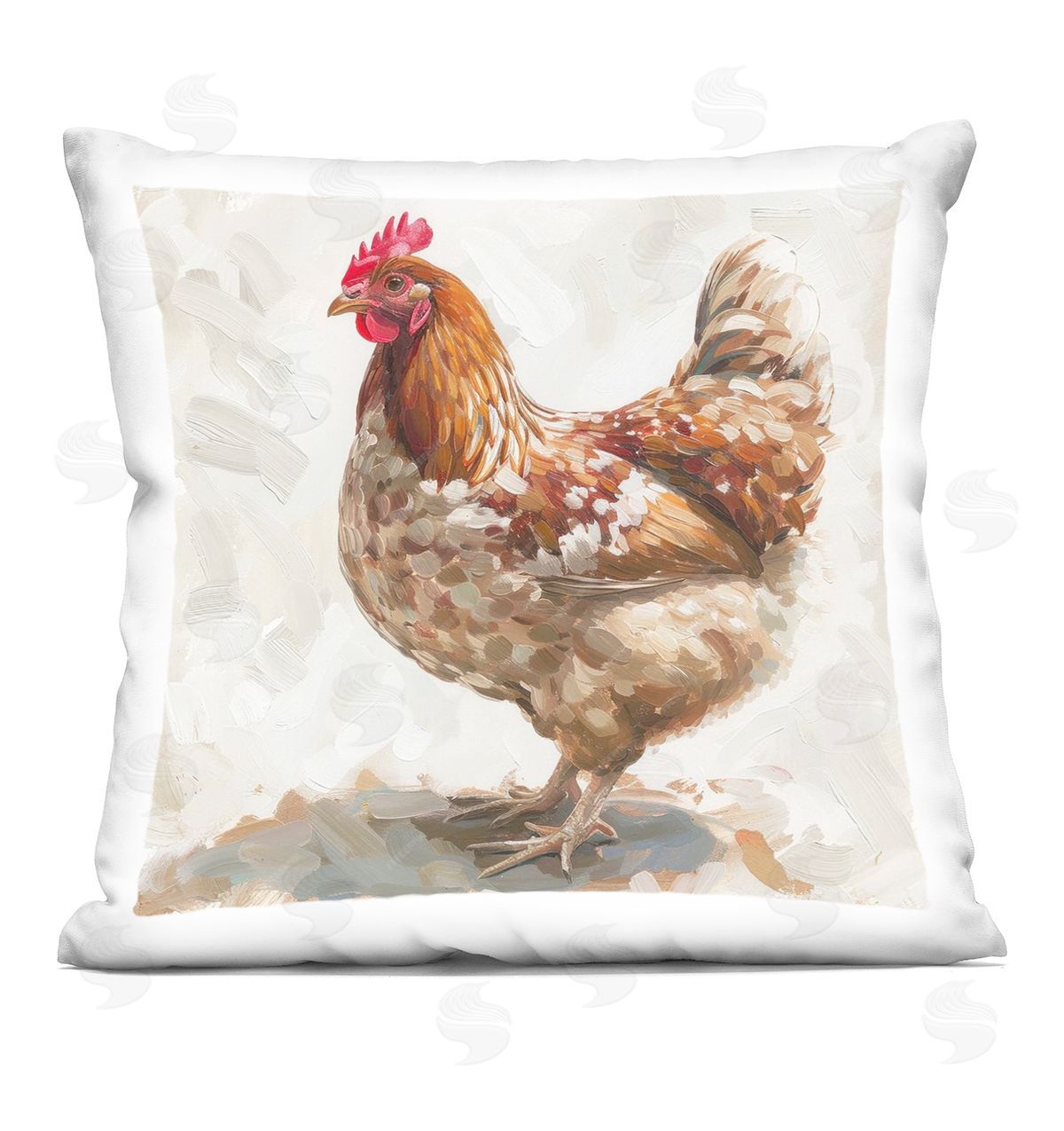 LSR Design Studio Neutral Chicken on Beige Printed Plush Polyester Throw Pillow