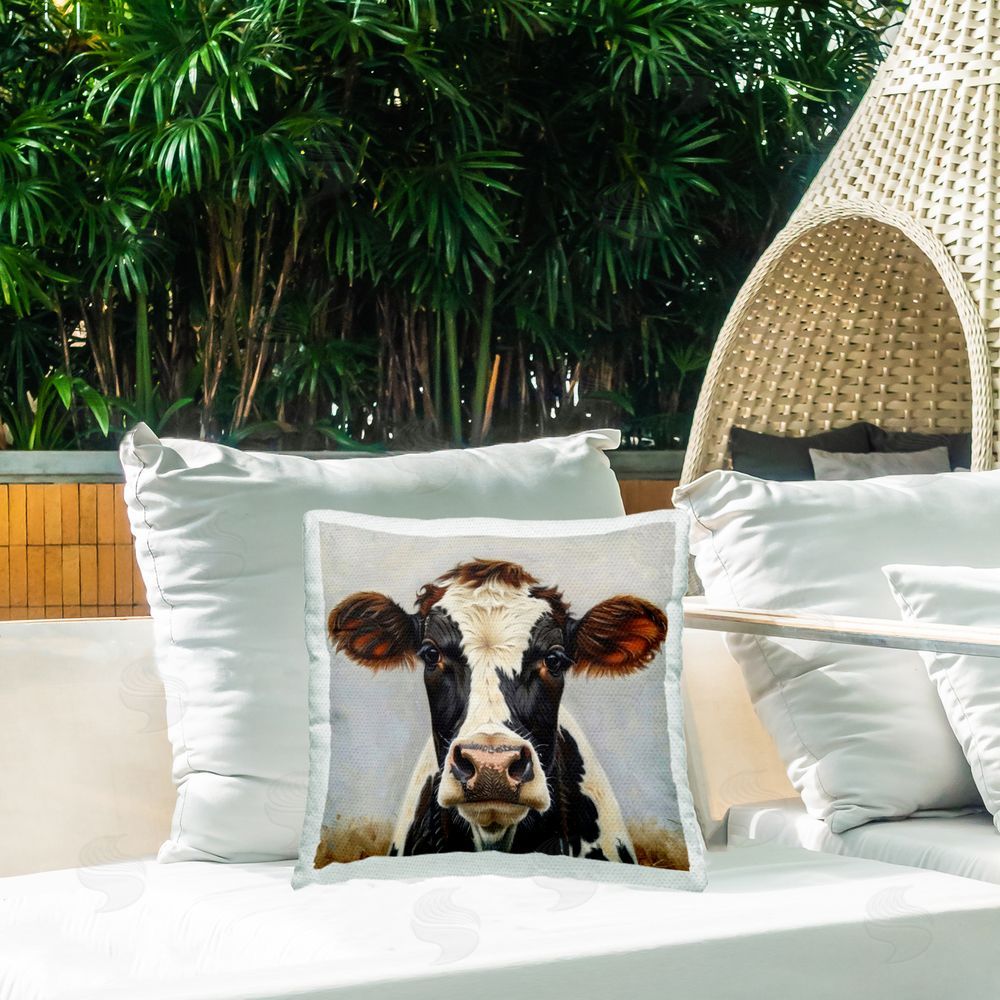 LSR Design Studio Stoic Cow Gaze Portrait Outdoor Quick-Dry Polyester Printed Throw Pillow in Back Yard