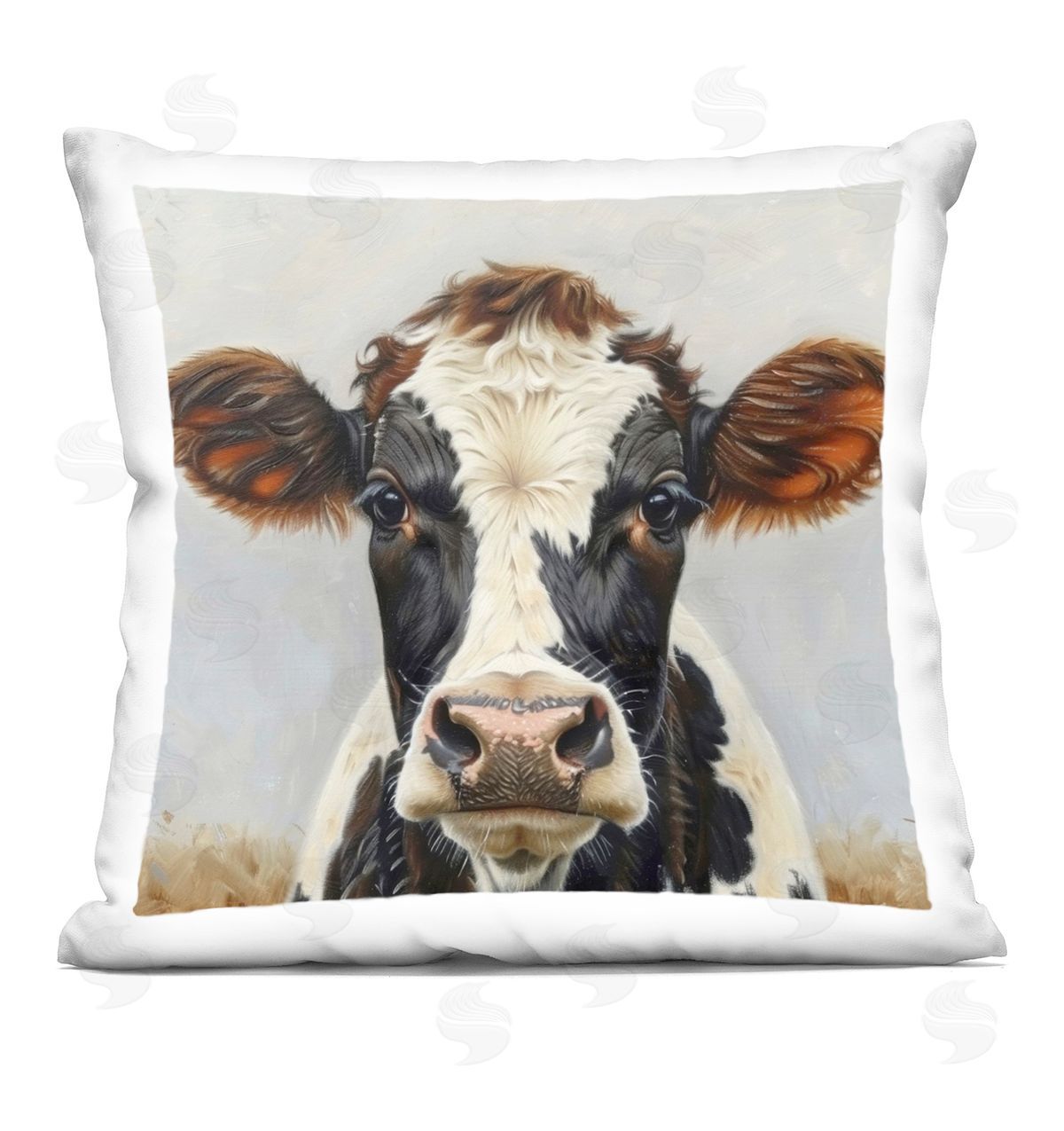 LSR Design Studio Stoic Cow Gaze Portrait Printed Plush Polyester Throw Pillow