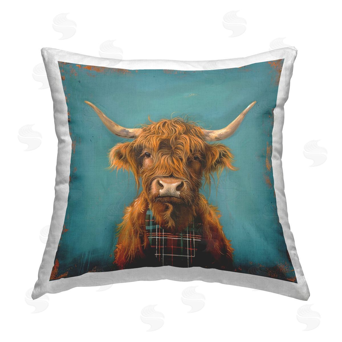 LSR Design Studio Highland Cow on Blue Printed Plush Polyester Throw Pillow