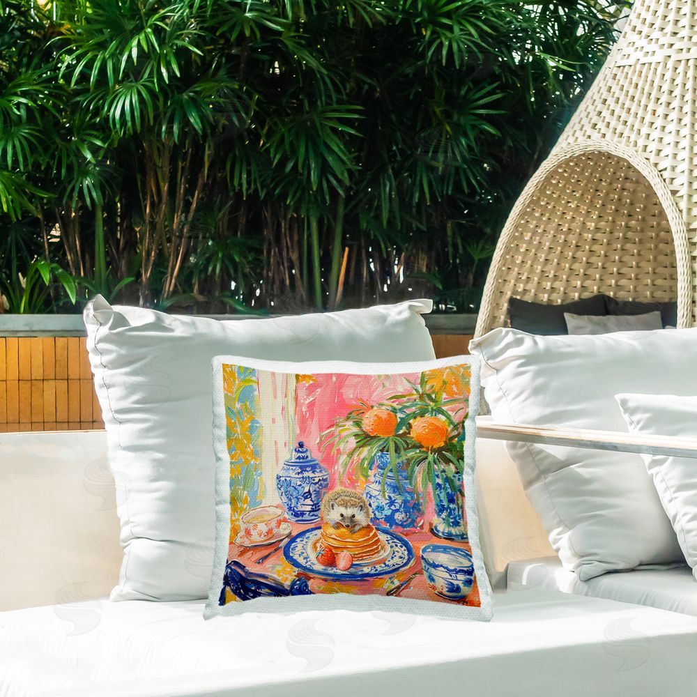 LSR Design Studio Pancakes Stack & Hedgehog Outdoor Quick-Dry Polyester Printed Throw Pillow in Back Yard