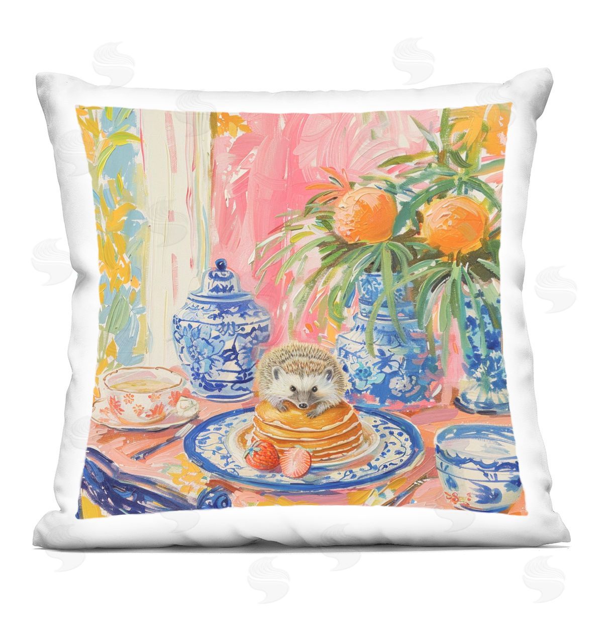 LSR Design Studio Pancakes Stack & Hedgehog Printed Plush Polyester Throw Pillow