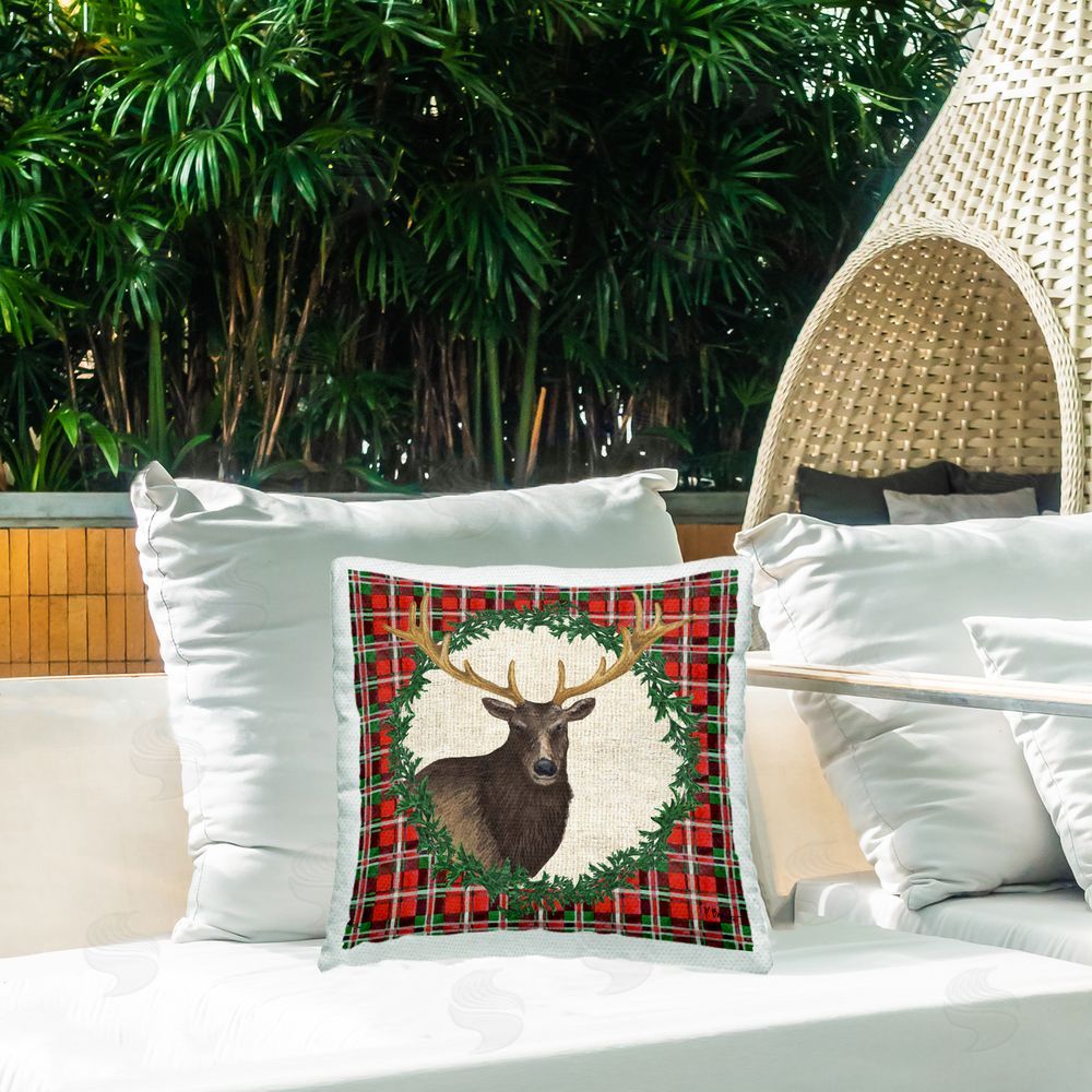 Paul Brent Festive Plaid Elk Outdoor Quick-Dry Polyester Printed Throw Pillow in Back Yard