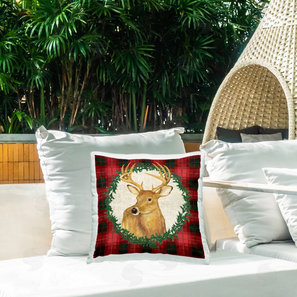Paul Brent Deer on Plaid & Wreath Outdoor Quick-Dry Polyester Printed Throw Pillow in Back Yard