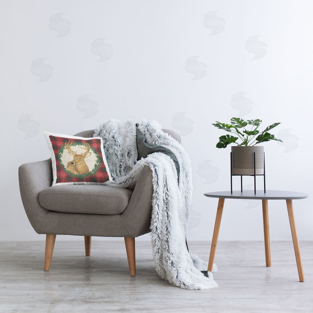 Paul Brent Deer on Plaid & Wreath Printed Plush Polyester Throw Pillow On Chair