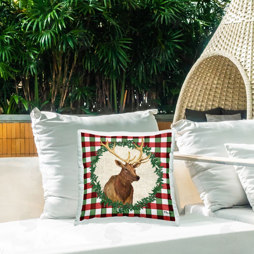Paul Brent Plaid Holiday Elk Outdoor Quick-Dry Polyester Printed Throw Pillow in Back Yard