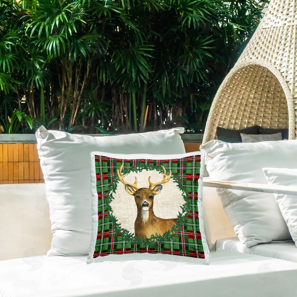 Paul Brent Plaid Holiday Deer Outdoor Quick-Dry Polyester Printed Throw Pillow in Back Yard
