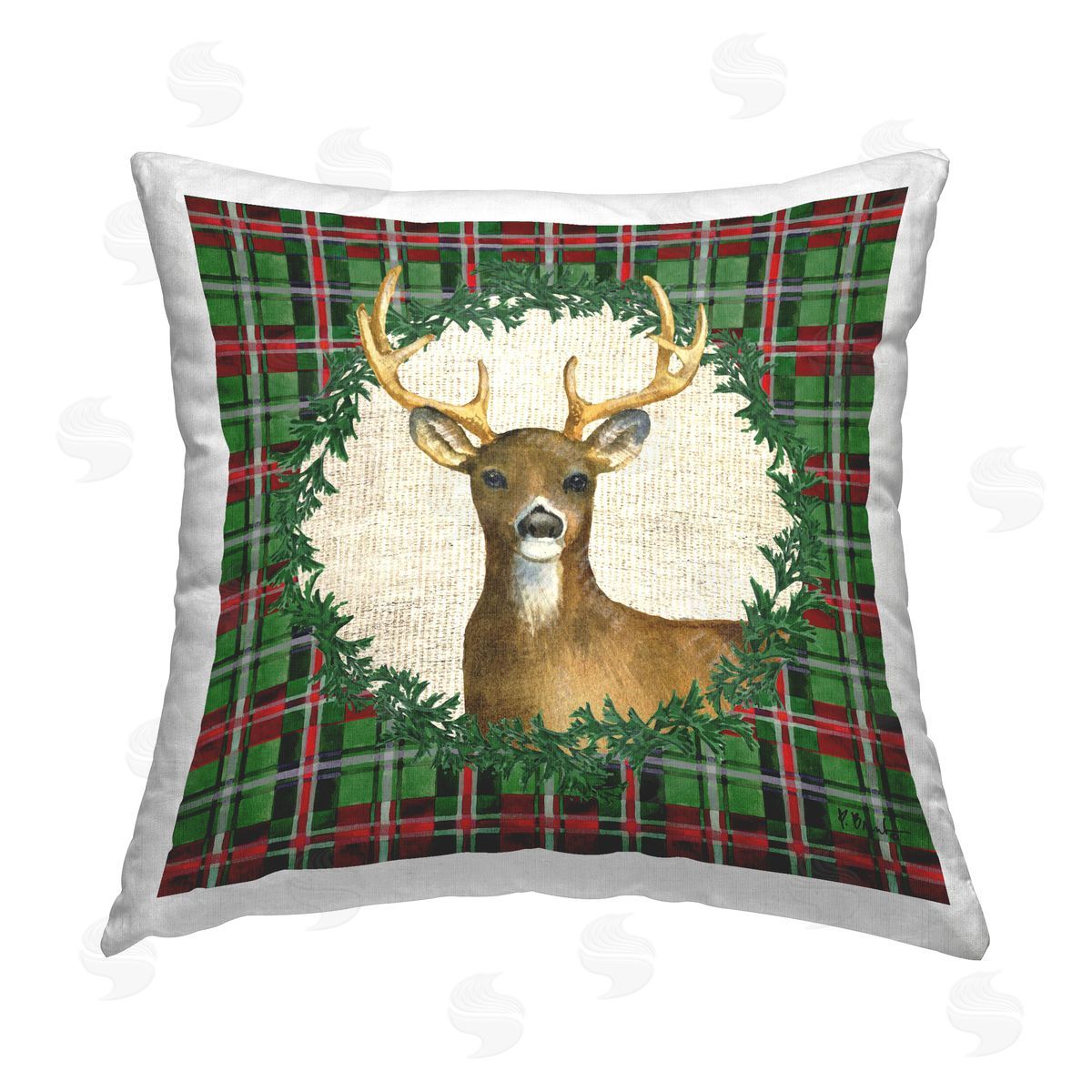 Paul Brent Plaid Holiday Deer Printed Plush Polyester Throw Pillow