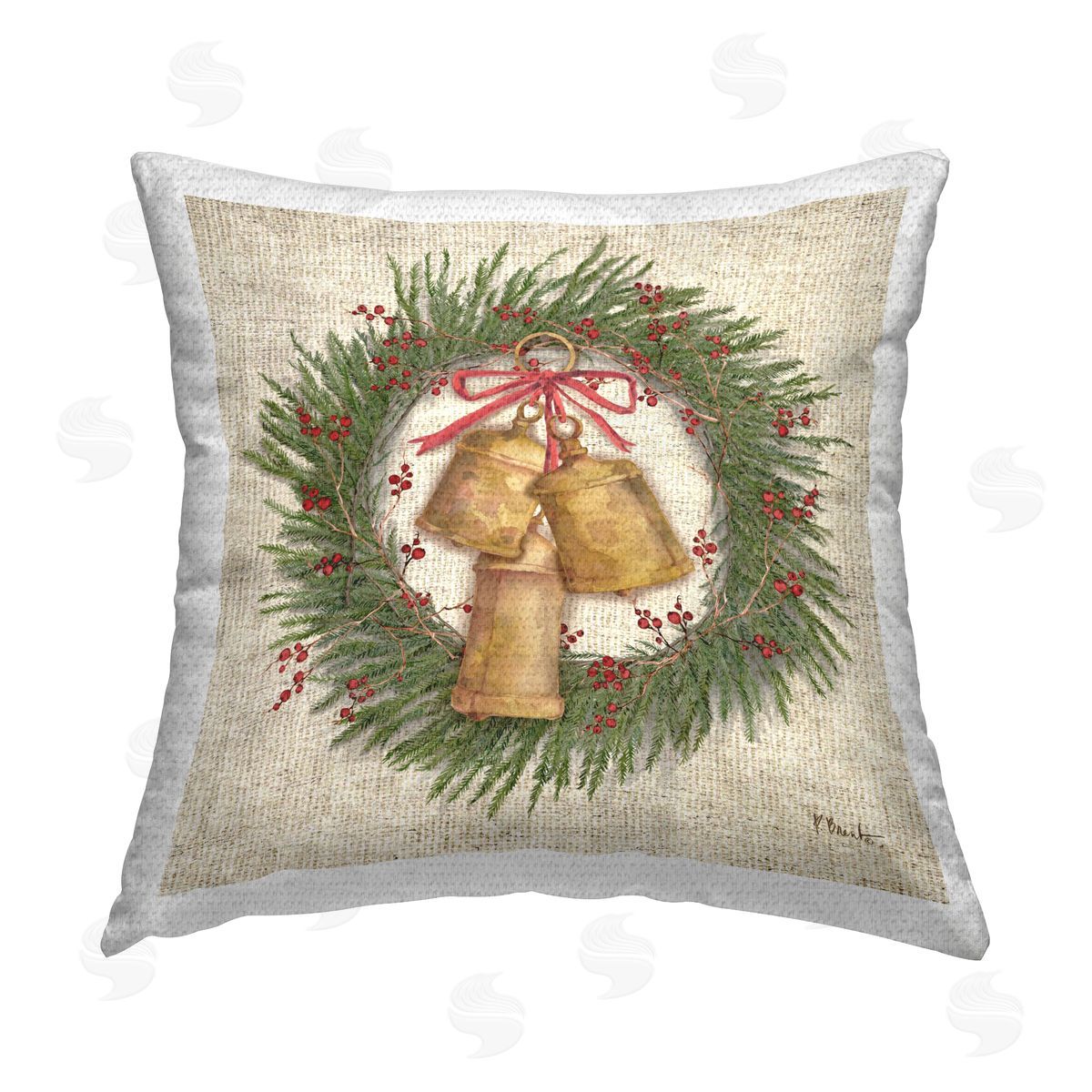 Paul Brent Festive Bells Wreath Outdoor Quick-Dry Polyester Printed Throw Pillow