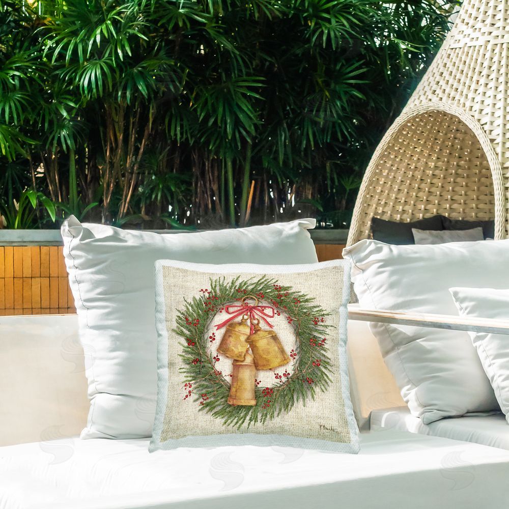 Paul Brent Festive Bells Wreath Outdoor Quick-Dry Polyester Printed Throw Pillow in Back Yard