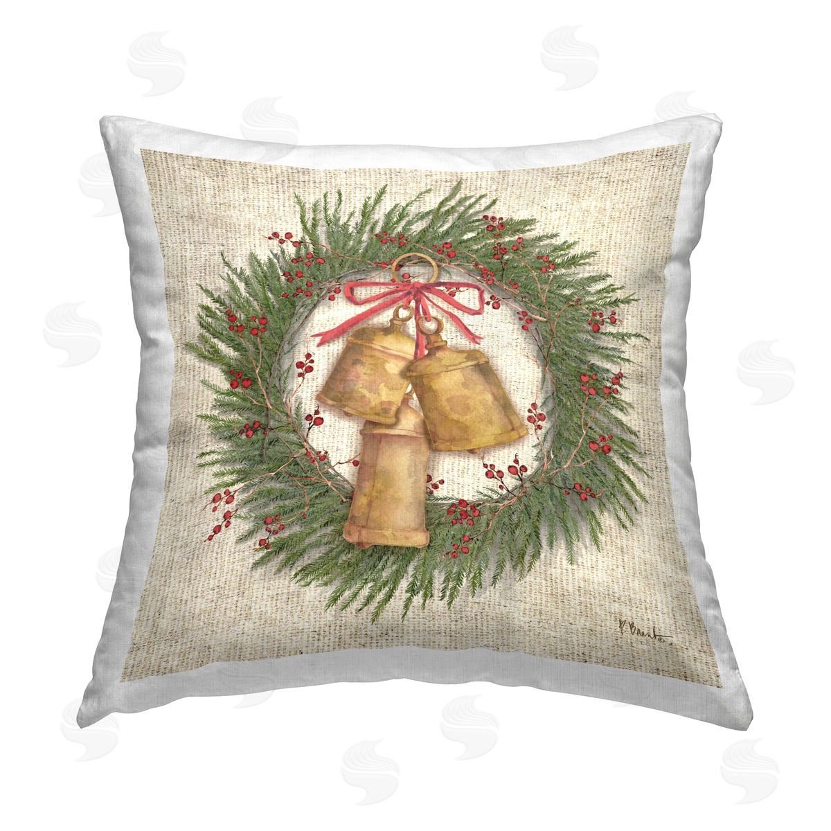 Paul Brent Festive Bells Wreath Printed Plush Polyester Throw Pillow
