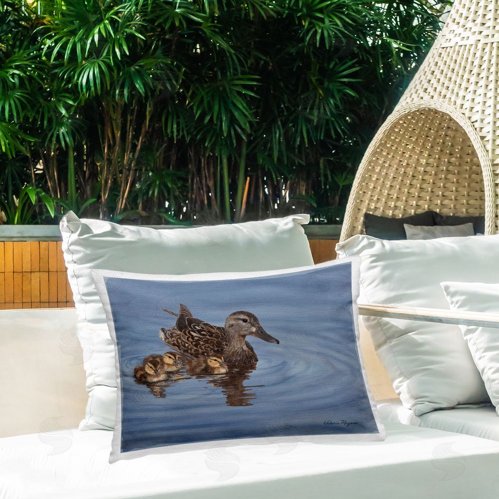 Valerie Rogers Duck Family Ripples Outdoor Quick-Dry Polyester Printed Throw Pillow in Back Yard