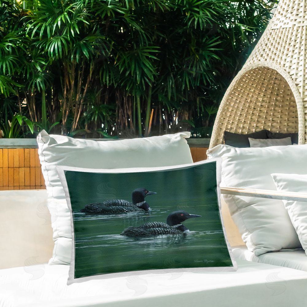 Valerie Rogers Peaceful Loon Duo Outdoor Quick-Dry Polyester Printed Throw Pillow in Back Yard