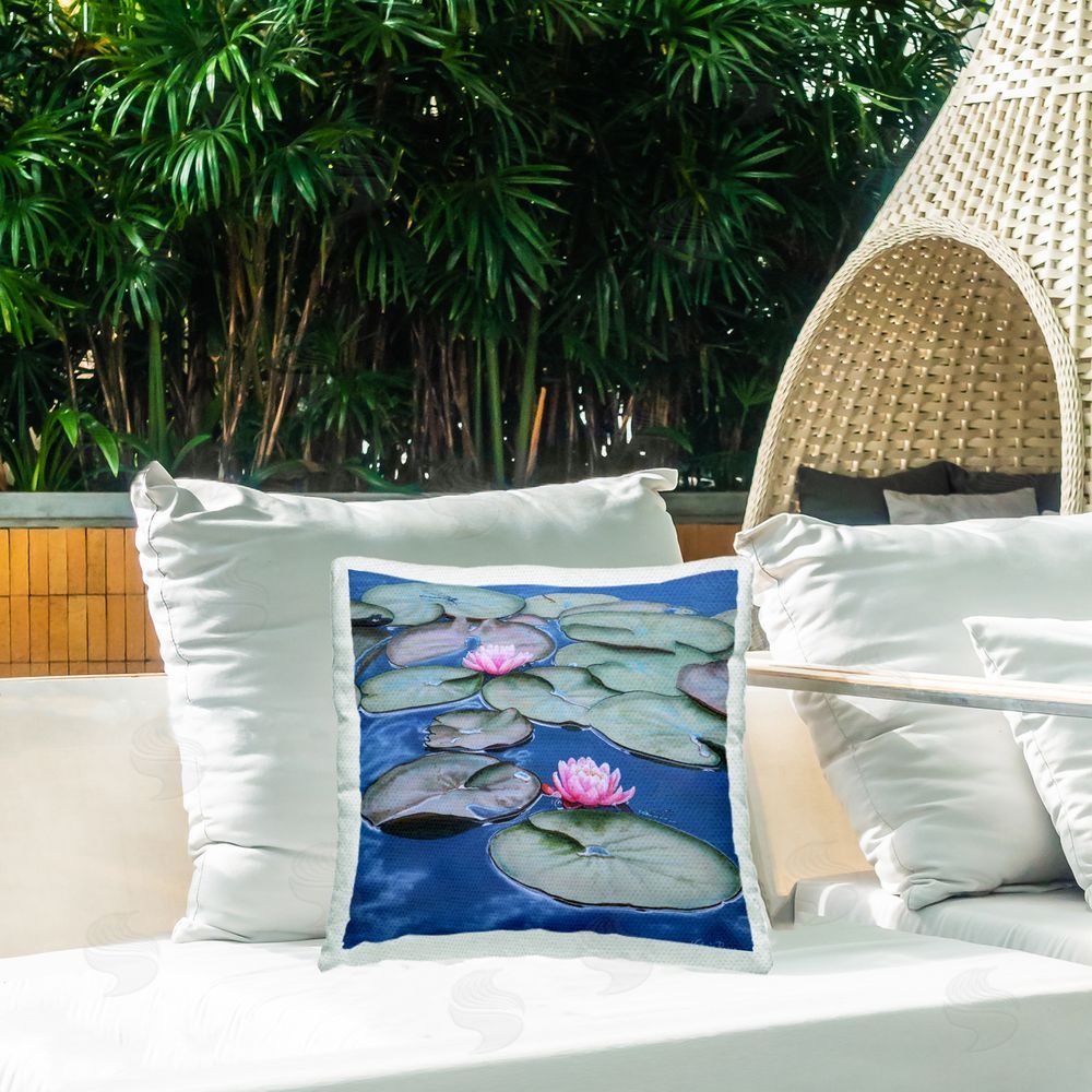 Valerie Rogers Blue Pond Lily Reflection Outdoor Quick-Dry Polyester Printed Throw Pillow in Back Yard