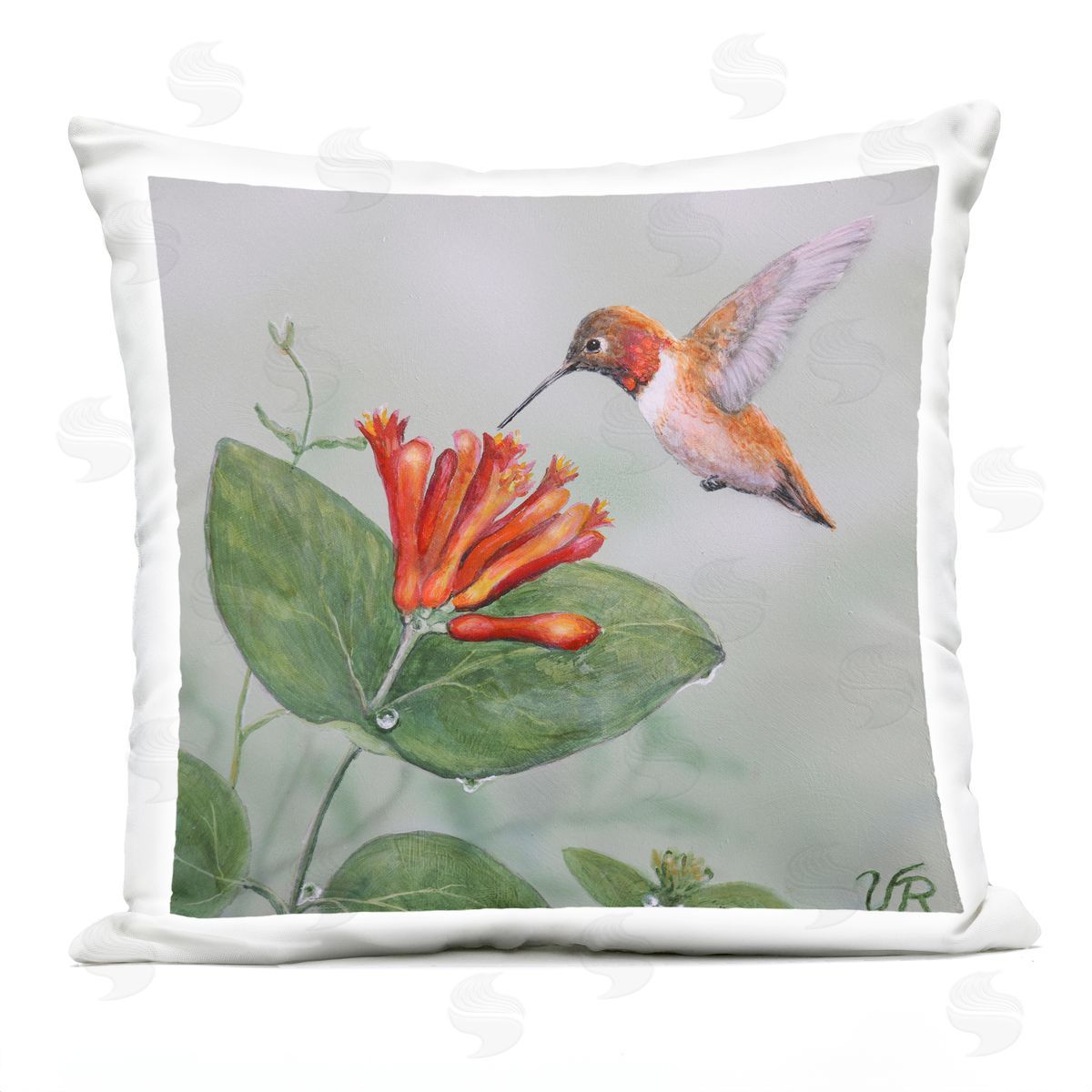 Valerie Rogers Red Hummingbird & Flower Outdoor Quick-Dry Polyester Printed Throw Pillow