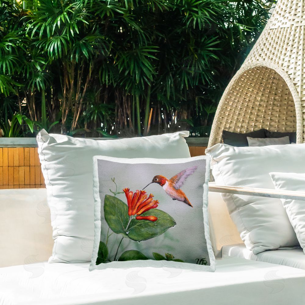 Valerie Rogers Red Hummingbird & Flower Outdoor Quick-Dry Polyester Printed Throw Pillow in Back Yard