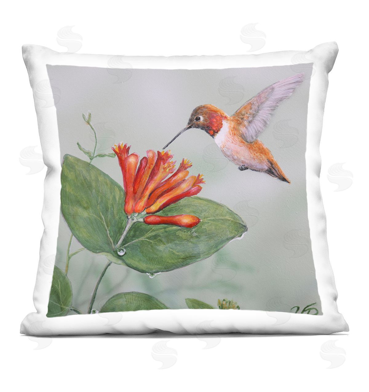Valerie Rogers Red Hummingbird & Flower Printed Plush Polyester Throw Pillow