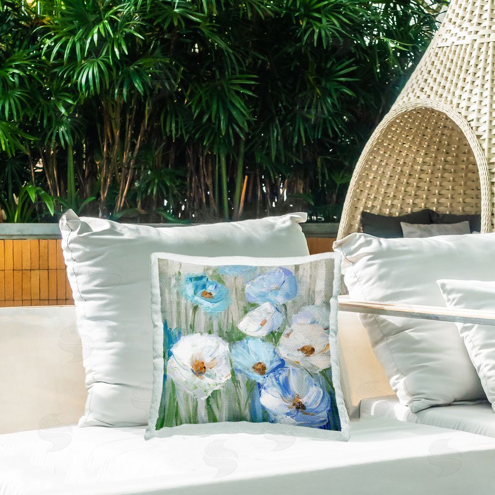 Sally Swatland Blue & White Poppies Outdoor Quick-Dry Polyester Printed Throw Pillow in Back Yard