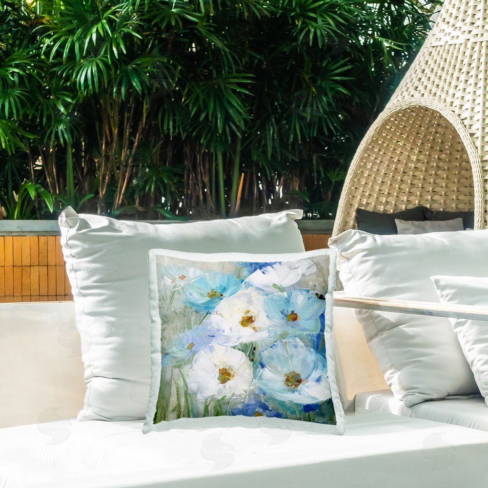Sally Swatland Blue Spring Poppies Outdoor Quick-Dry Polyester Printed Throw Pillow in Back Yard