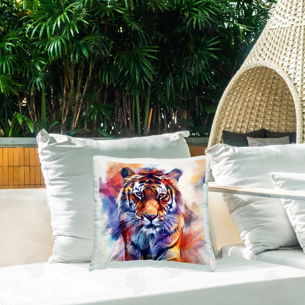 Kim Allen Fierce Vibrant Tiger Outdoor Quick-Dry Polyester Printed Throw Pillow in Back Yard