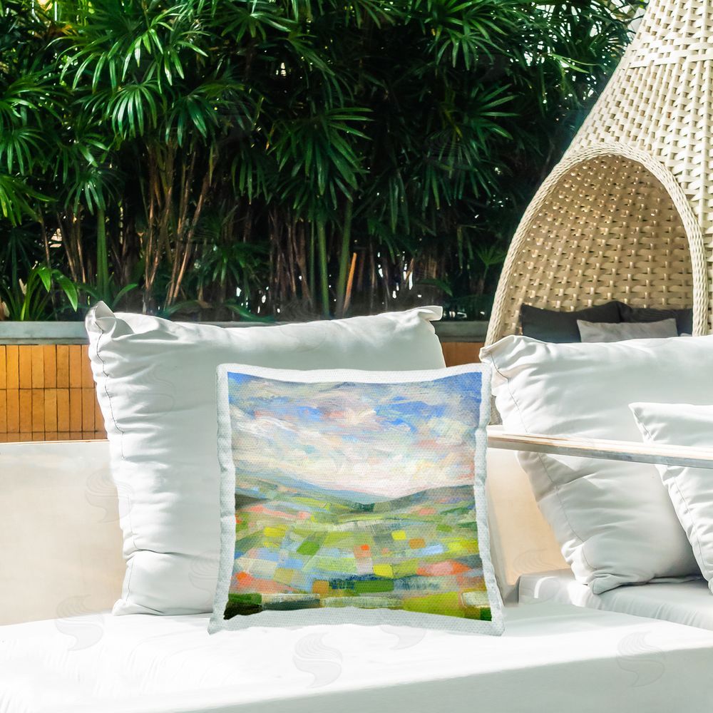 Ashley Davis Jolly Geometric Countryside Scene Outdoor Quick-Dry Polyester Printed Throw Pillow in Back Yard