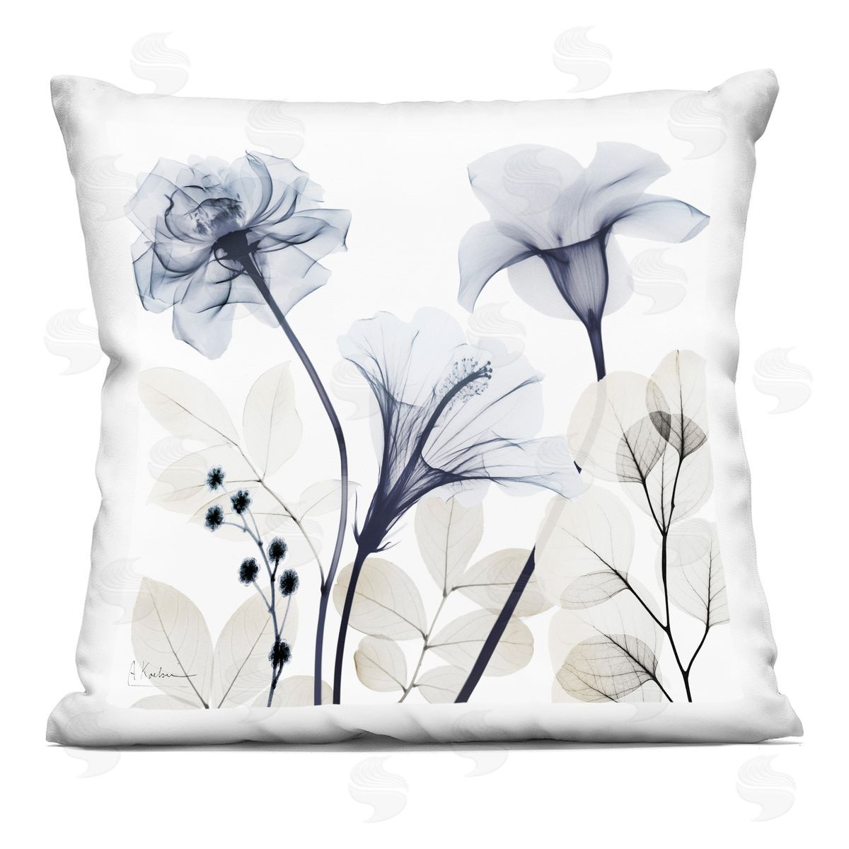 Albert Koetsier Serene Florals on White Printed Plush Polyester Throw Pillow