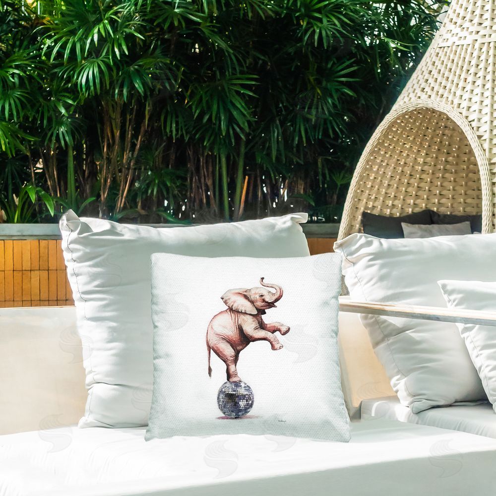 Amanda Greenwood Elephant on Disco Ball Outdoor Quick-Dry Polyester Printed Throw Pillow in Back Yard