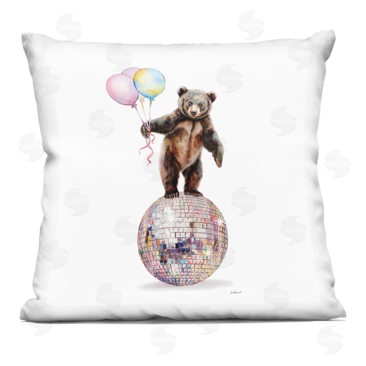 Amanda Greenwood Bear & Balloons Disco Printed Plush Polyester Throw Pillow