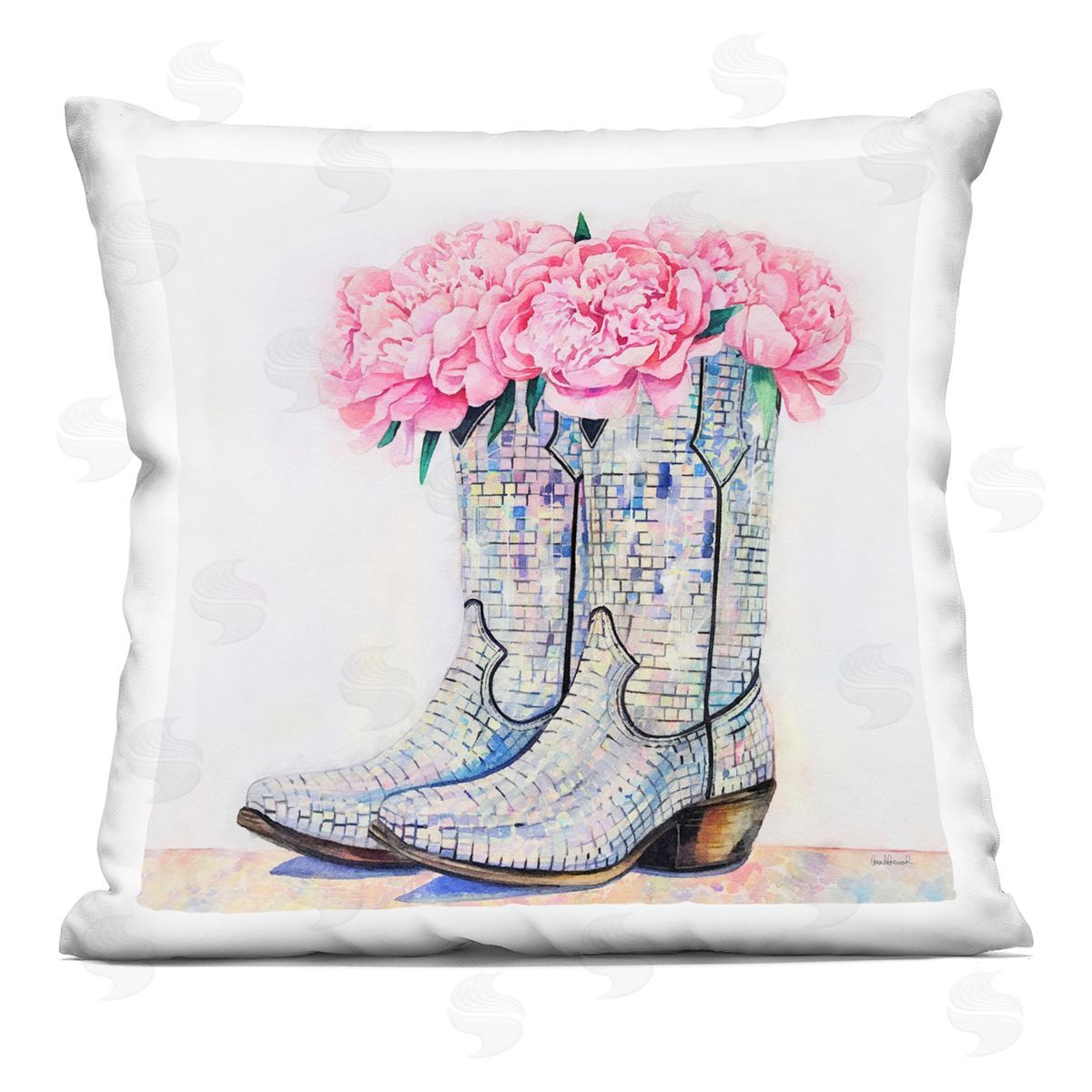 Amanda Greenwood Floral Shimmering Cowgirl Boot Printed Plush Polyester Throw Pillow