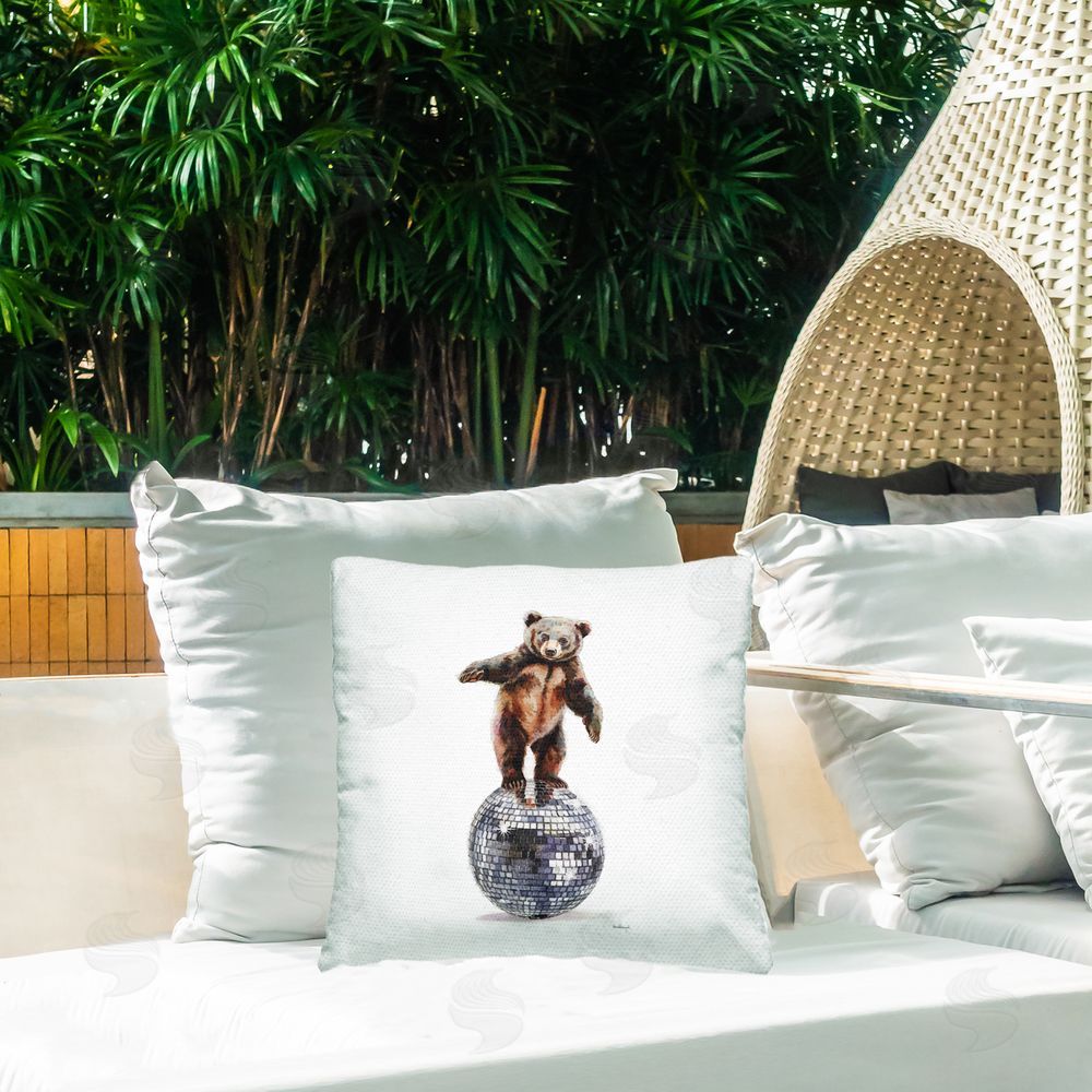 Amanda Greenwood Bear Balancing on Disco Ball Outdoor Quick-Dry Polyester Printed Throw Pillow in Back Yard