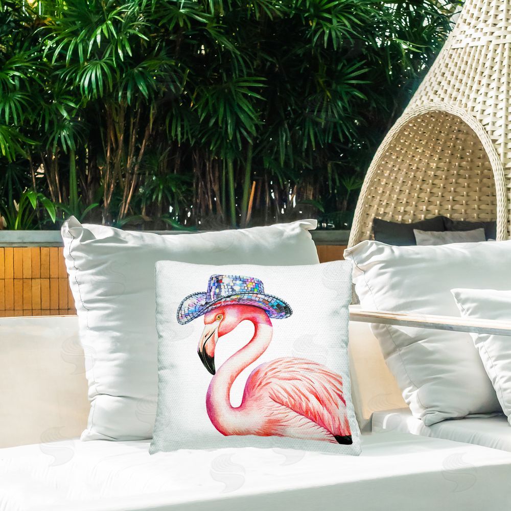 Amanda Greenwood Disco Hat on Flamingo Outdoor Quick-Dry Polyester Printed Throw Pillow in Back Yard
