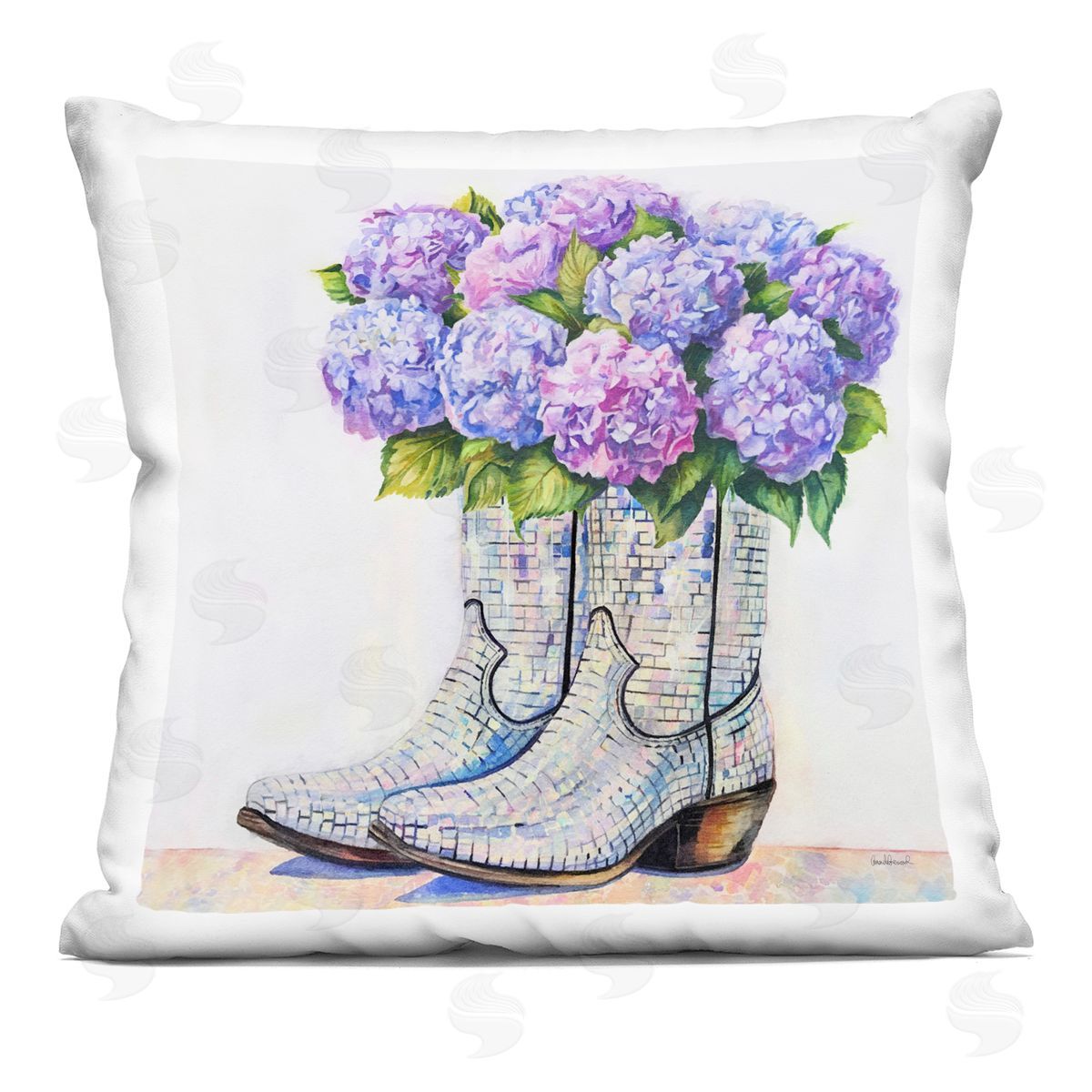 Amanda Greenwood Hydrangea Filled Cowgirl Boots Printed Plush Polyester Throw Pillow