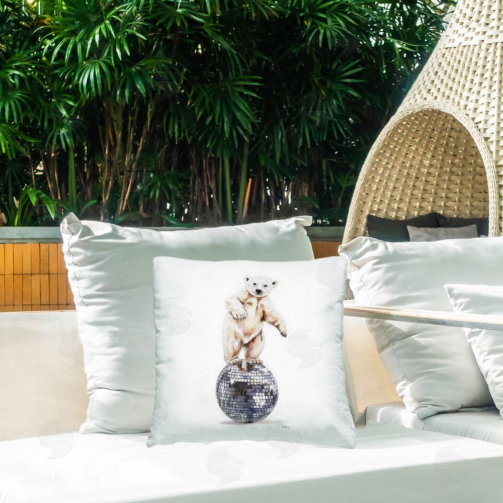 Amanda Greenwood Polar Bear on Disco Ball Outdoor Quick-Dry Polyester Printed Throw Pillow in Back Yard