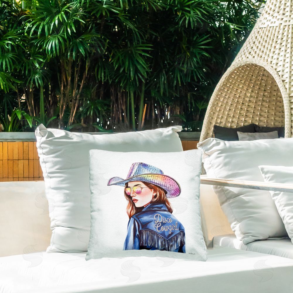 Amanda Greenwood Disco Cowgirl in Blue Outdoor Quick-Dry Polyester Printed Throw Pillow in Back Yard
