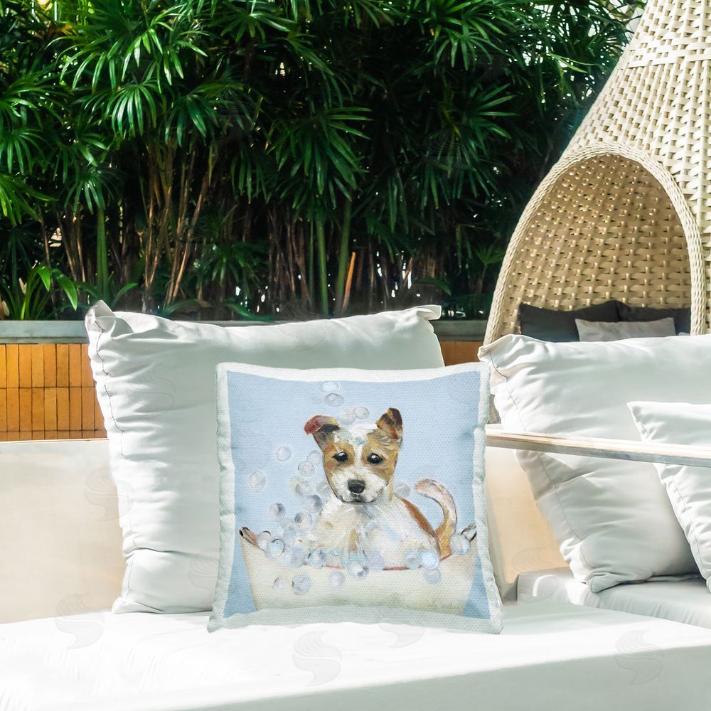 Sally Swatland Fun Bubbles Puppy Bath Outdoor Quick-Dry Polyester Printed Throw Pillow in Back Yard