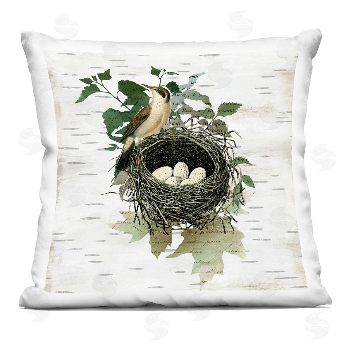 Susan Arnot Vintage Bird Nest & Flora Printed Plush Polyester Throw Pillow