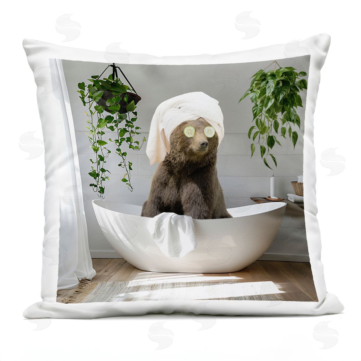 CAD Designs Bear in Refreshing Spa Bath Outdoor Quick-Dry Polyester Printed Throw Pillow