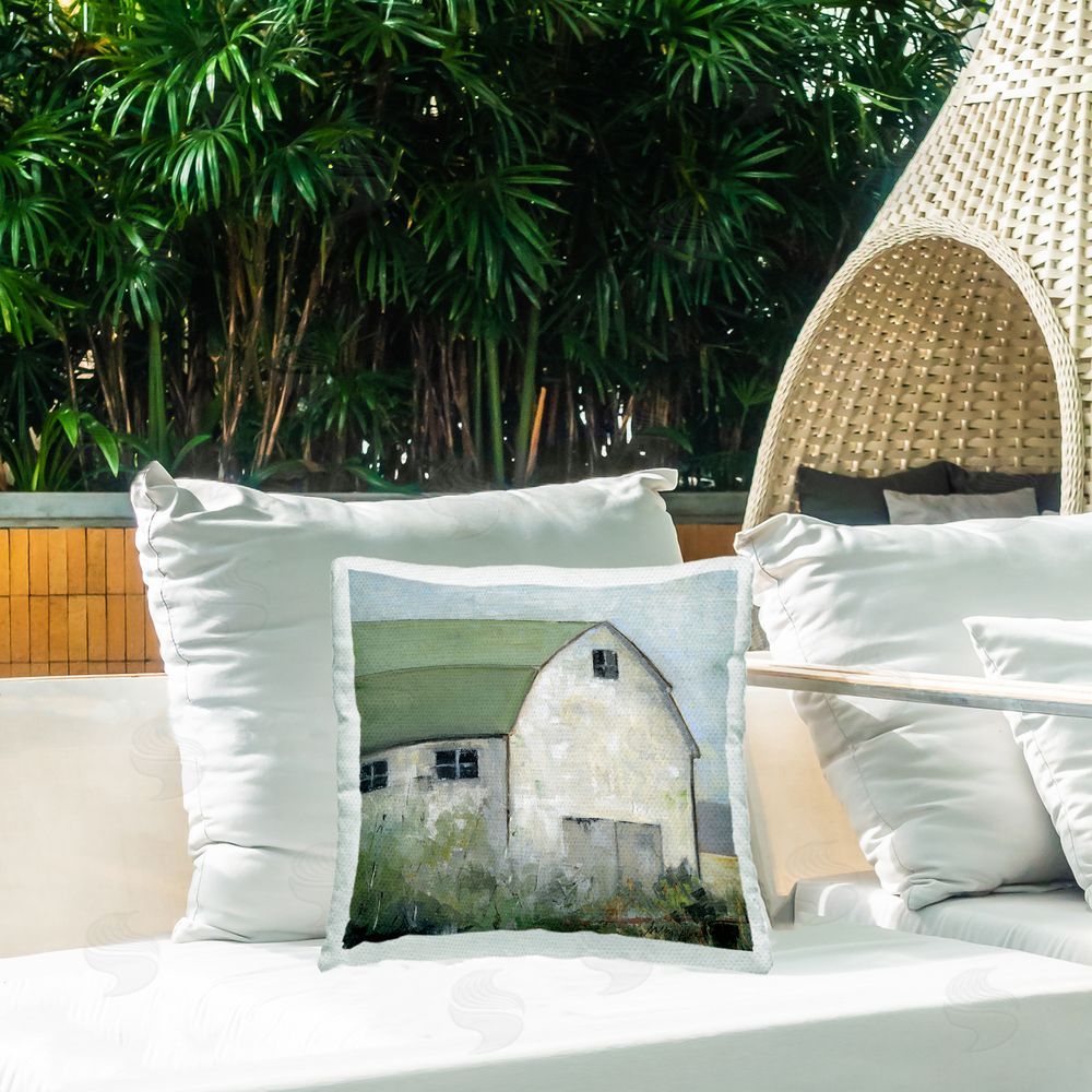 Sally Swatland Barn View with Green Roof Outdoor Quick-Dry Polyester Printed Throw Pillow in Back Yard