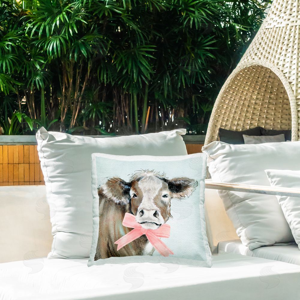 Tava Studios Cow with Pastel Ribbon Outdoor Quick-Dry Polyester Printed Throw Pillow in Back Yard