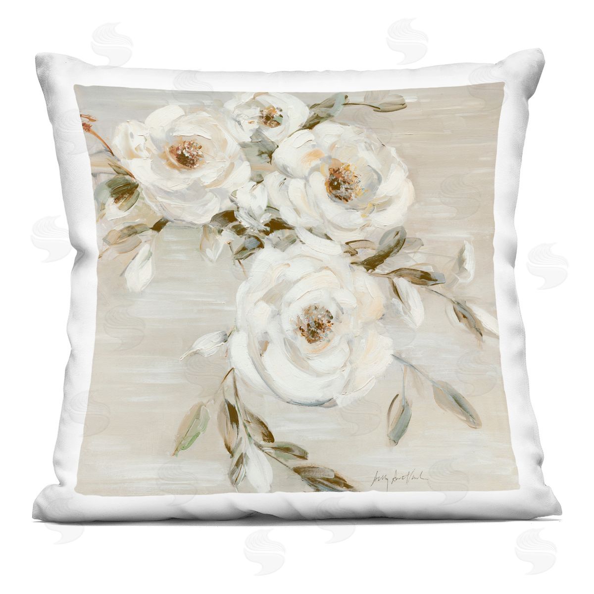 Sally Swatland Neutral Rose Trio Printed Plush Polyester Throw Pillow