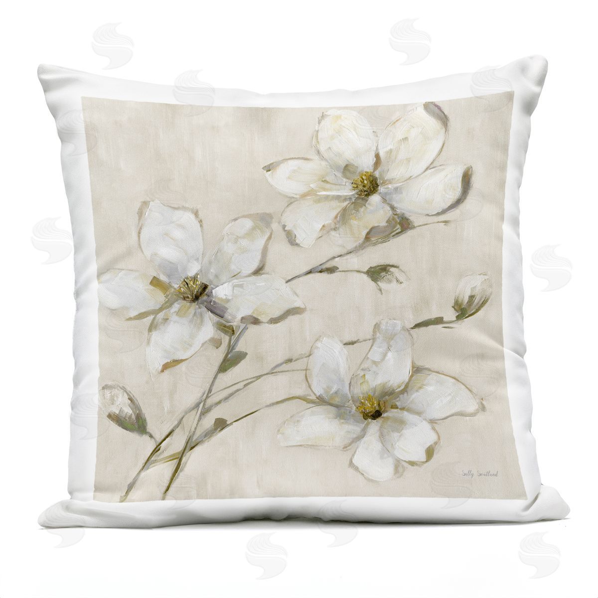 Sally Swatland Neutral Tone Dogwood Flowers Outdoor Quick-Dry Polyester Printed Throw Pillow