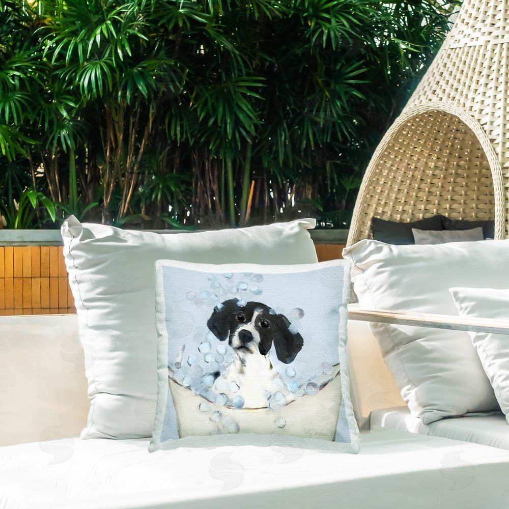 Sally Swatland Black & White Puppy in Tub Outdoor Quick-Dry Polyester Printed Throw Pillow in Back Yard